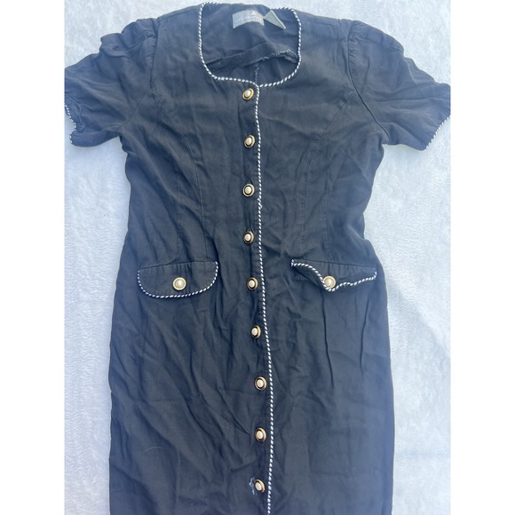 Vtg Liz Claiborne Midi Dress Linen Black Button Front 70s 80s Pockets Size 2 EUC - Picture 13 of 14